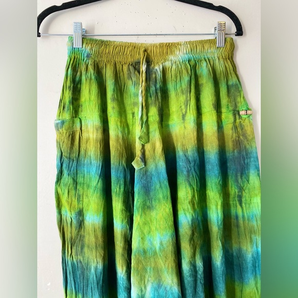 NWT• Made in Nepal Harem Pants Green Tie Dye Boho Festival Cotton Crinkle Genie - Picture 5 of 10